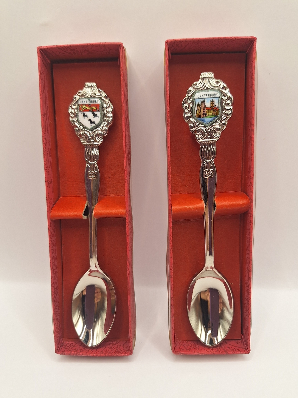 Vintage Canterbury England Souvenir Spoon Set of 2 Enamel Crest Cathedral Boxed